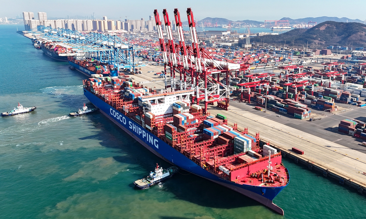 A cargo ship docks at a container terminal in Qingdao Port in East China's Shandong Province on January 25, 2024. Photo: VCG