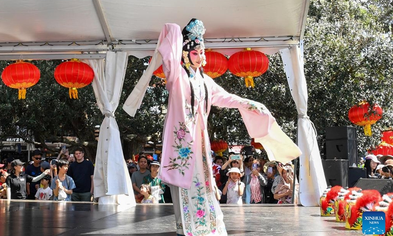 An actor performs Peking Opera during the Happy Chinese New Year Beach Carnival in Auckland, New Zealand, Feb. 4, 2024. The Happy Chinese New Year Beach Carnival, co-hosted by the China Cultural Centre in Auckland and the Asian Community Engagement Trust, was held at the Mission Bay Beach in Auckland on Sunday. (Xinhua/Guo Lei)