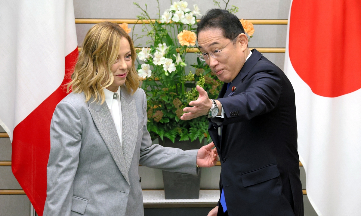Italian Prime Minister Giorgia Meloni is escorted by Japanese Prime Minister Fumio Kishida prior to their meeting at the Prime Minister's office on February 5, 2024 in Tokyo, Japan. Photo: VCG