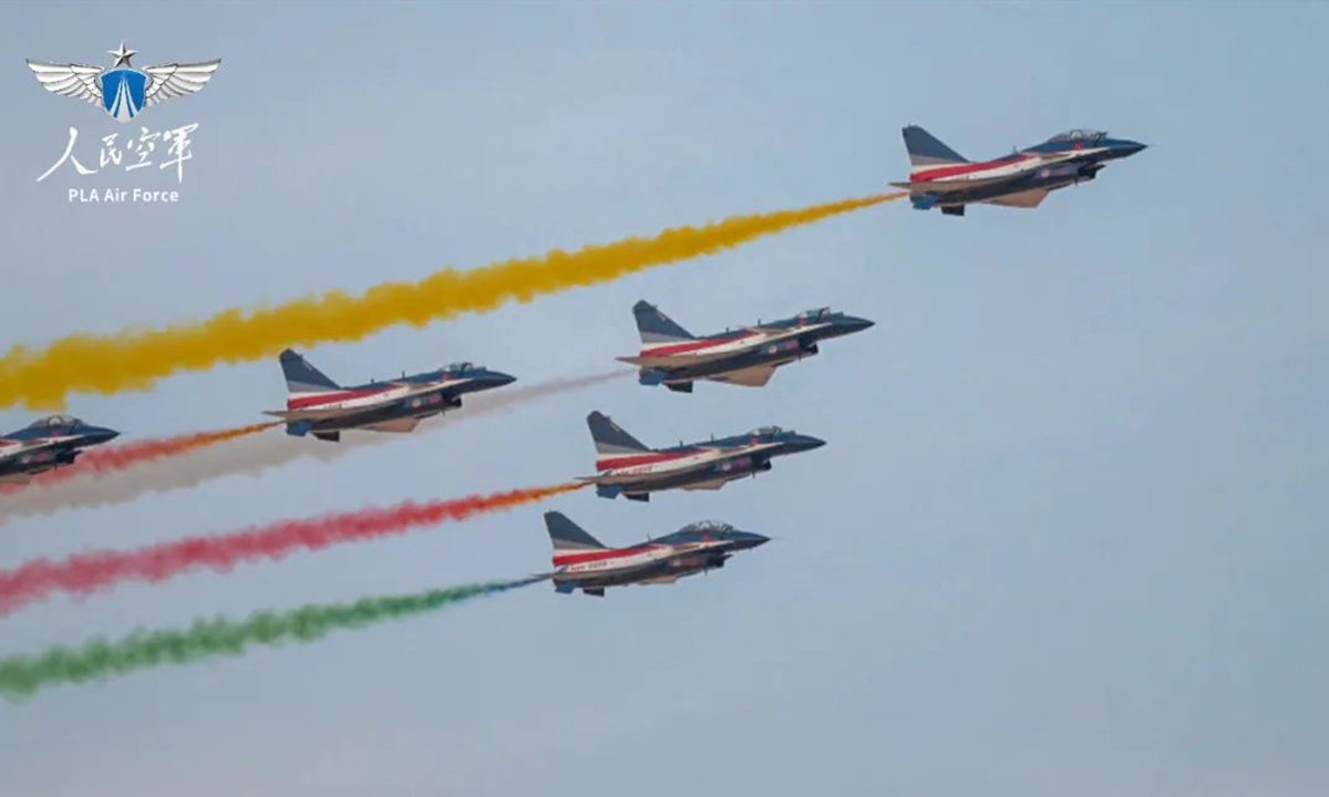The Bayi Aerobatic Team of the Chinese People's Liberation Army (PLA) Air Force makes its first flight performance at second edition of the World Defense Show in Riyadh, Saudi Arabia, on February 5, 2024. Photo: Courtesy of the PLA Air Force