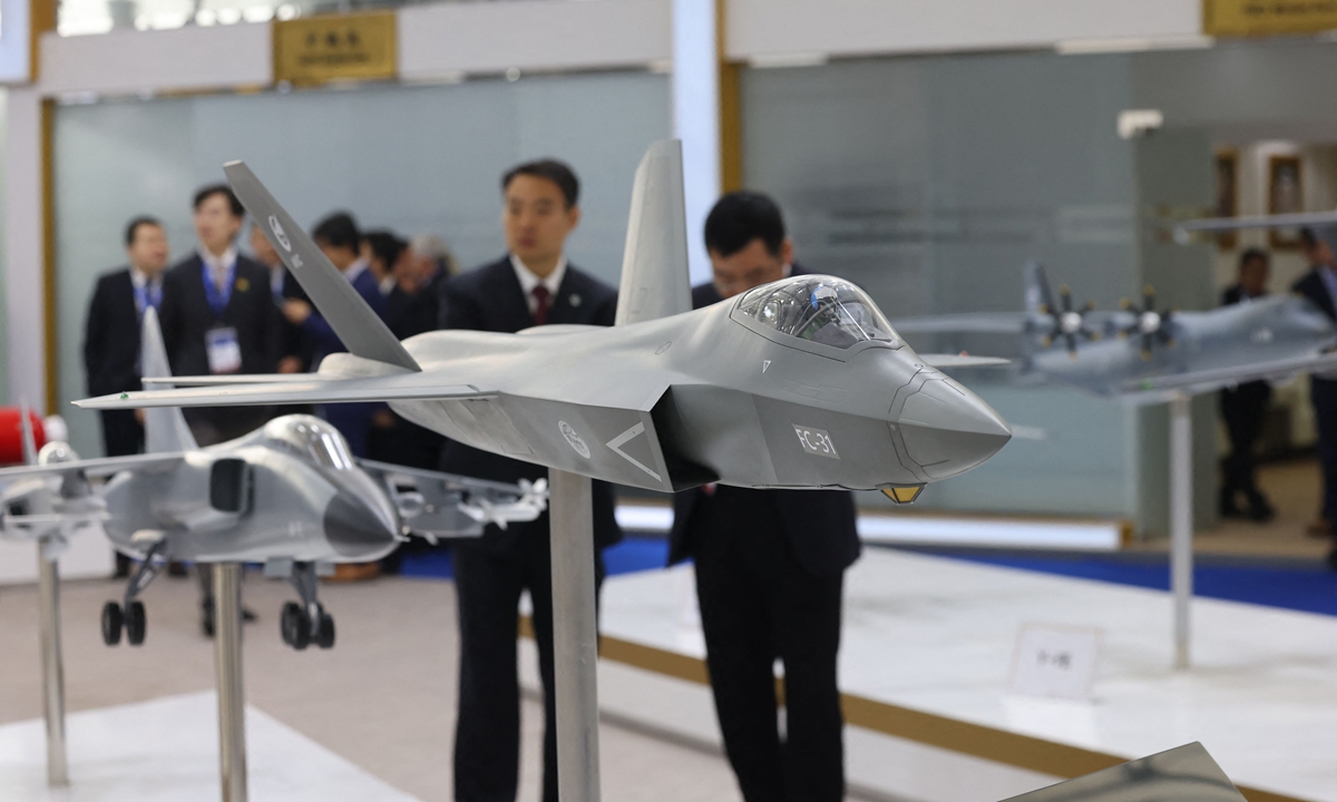 A scale model of China's domestically developed FC-31 stealth fighter jet is on display at the World Defense Show 2024 in Riyadh, Saudi Arabia, on February 4, 2024. Photo: VCG