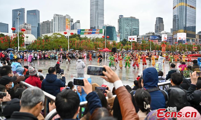 Dancers perform the Chaoshan Yingge dance, or dance to the hero's song, during a Chinese New Year celebration event in Guangzhou, south China's Guangdong Province, Feb. 8, 2024. Photo: China News Service