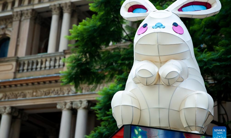 This photo taken on Feb. 10, 2024 shows a rabbit-shaped lantern designed by Chinese-Australian artist Erika Zhu displayed in front of Sydney's Town Hall in Sydney, Australia. As part of a 16-day welcoming party underway in Australia's Sydney for the Year of Dragon, a collection of 12 Chinese Zodiac lanterns featuring 12 animals were lighting the way from Sydney's Town Hall down to Chinatown in Haymarket precinct.(Xinhua/Ma Ping)