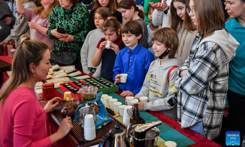 Children learn about Chinese tea culture during an event celebrating the Chinese Lunar New Year, or the Spring Festival, in Moscow, Russia, Feb. 11, 2024. (Photo: Xinhua)
