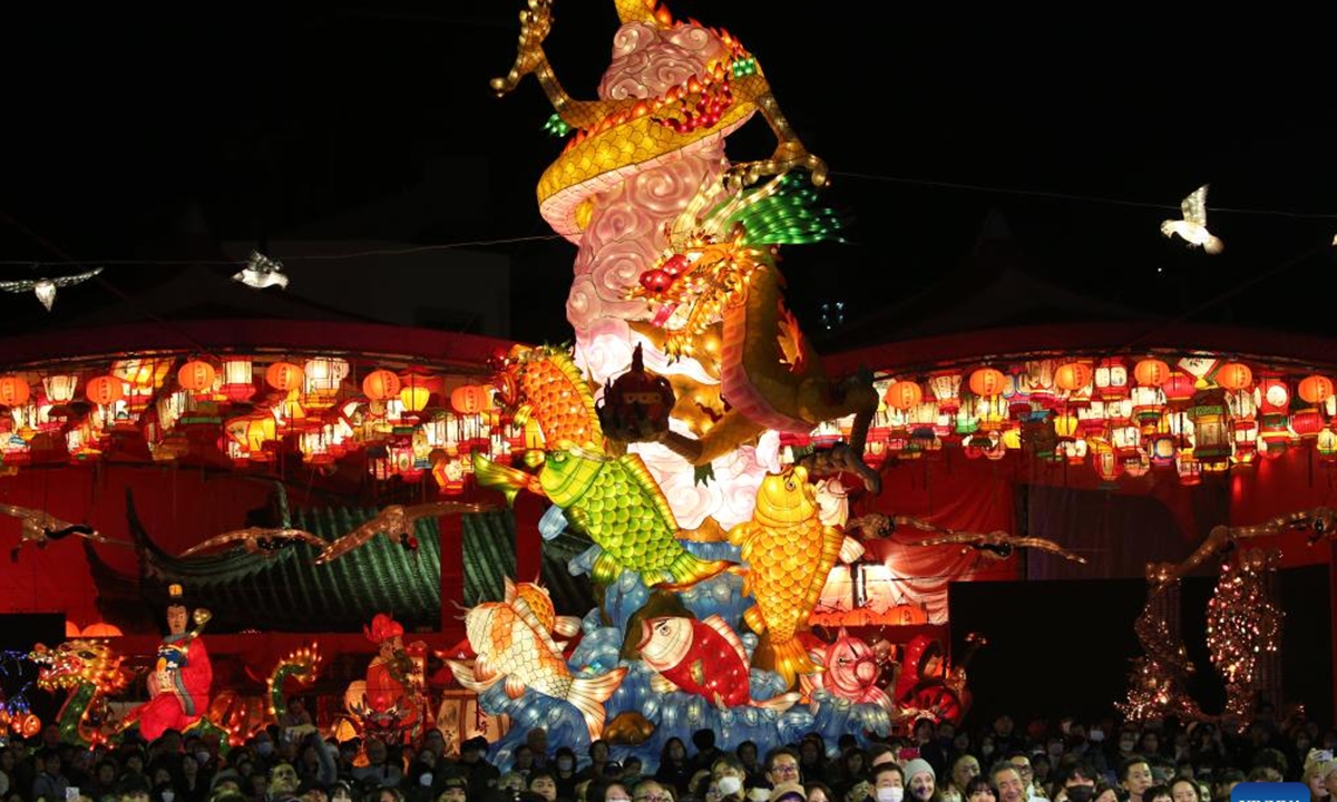 People visit a lantern festival celebrating the Chinese New Year in Nagasaki, Japan, Feb. 14, 2024. (Xinhua/Yang Guang)