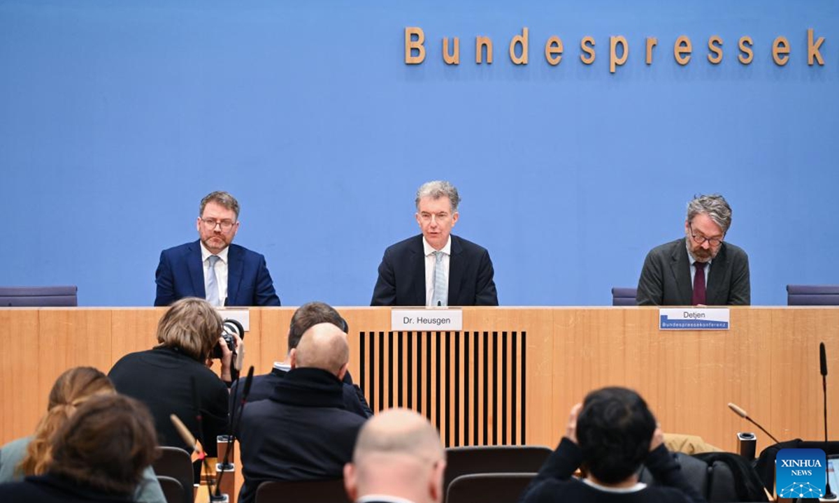 Christoph Heusgen (C), chairman of the Munich Security Conference, attends the release of Munich Security Report 2024 in Berlin, Germany, Feb. 12, 2024. The Munich Security Report 2024 published ahead of this year's Munich Security Conference expressed worries over the lose-lose dynamics amid growing geopolitical tensions and rising economic uncertainty. (Xinhua/Ren Pengfei)