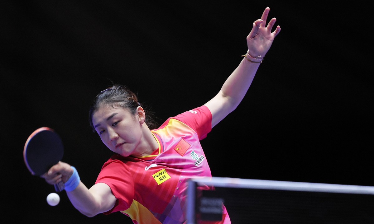 Chinese table tennis player Chen Meng plays in the women's team match against Uzbekistan at the ITTF World Team Table Tennis Championships Finals in Busan, South Korea, on February 17, 2024. Team China won 3-0. Photo: VCG