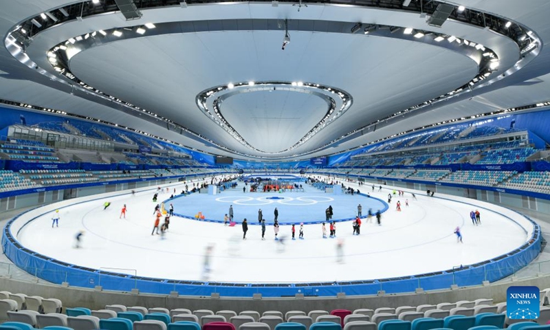 People enjoy skating at the National Speed Skating Oval in Beijing, capital of China, Feb. 16, 2024. In addition to following traditional customs, more and more Chinese People choose to enrich their life by spending the Spring Festival holiday in diversified and original ways.  (Photo: Xinhua)