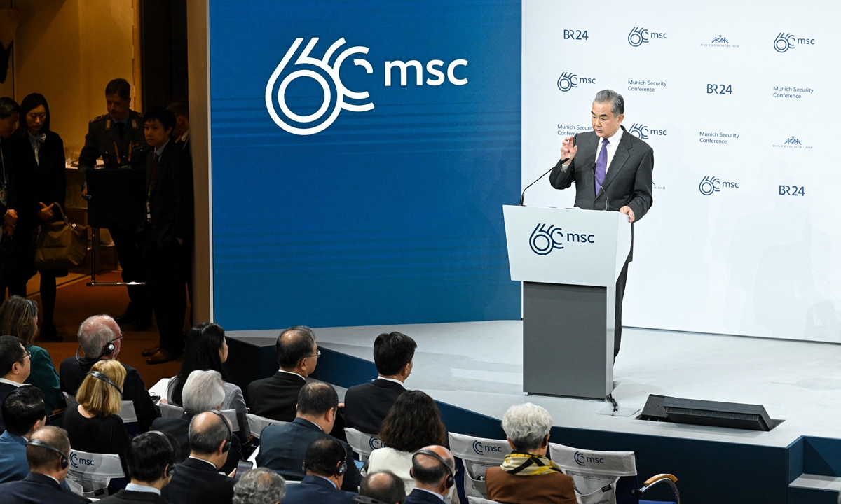 Chinese Foreign Minister Wang Yi, also a member of the Political Bureau of the Communist Party of China Central Committee, speaks at the 60th Munich Security Conference (MSC) at the Hotel Bayerischer Hof on February 17, 2024. This year's conference is held from Friday to Sunday, gathering an estimated 60 heads of state and over 85 government officials. Photo: AFP