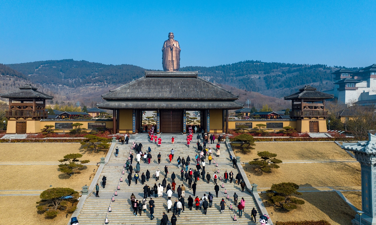 Tourists visit the Nishan Mountain in Qufu, home of the Confucian Temple, in East China's Shandong, to pay tribute to Confucius and experience traditional culture, on February 10, 2024, the first day of the Lunar New Year. Photo: VCG
