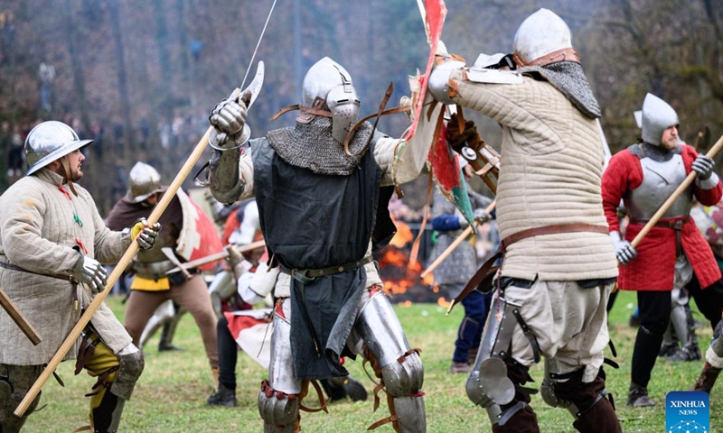 Actors re-enact a medieval battle in Samobor, Croatia, on March 3, 2024. The Battle of Samobor took place on March 1, 1441. (Davor Puklavec/PIXSELL/Handout via Xinhua)