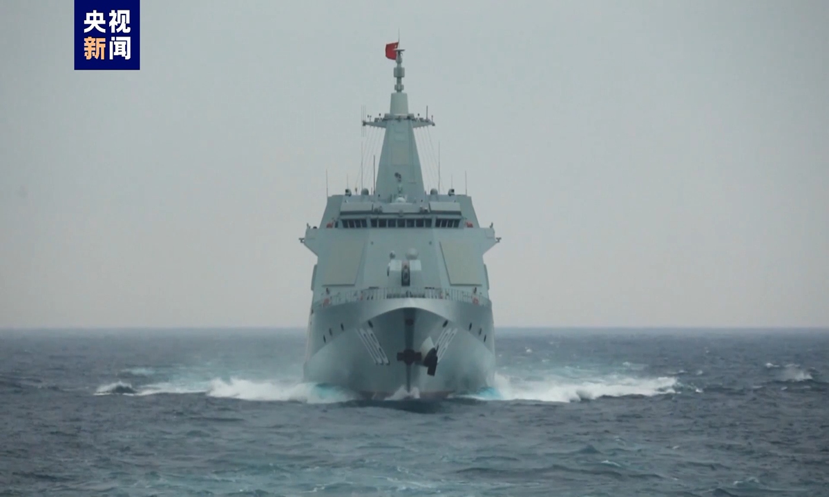 The Type 055 large destroyer <em>Xianyang</em> (Hull 108) of the Chinese People's Liberation Army Navy holds a training mission for combat readiness in the South China Sea in February 2024. Photo: Screenshot from China Central Television