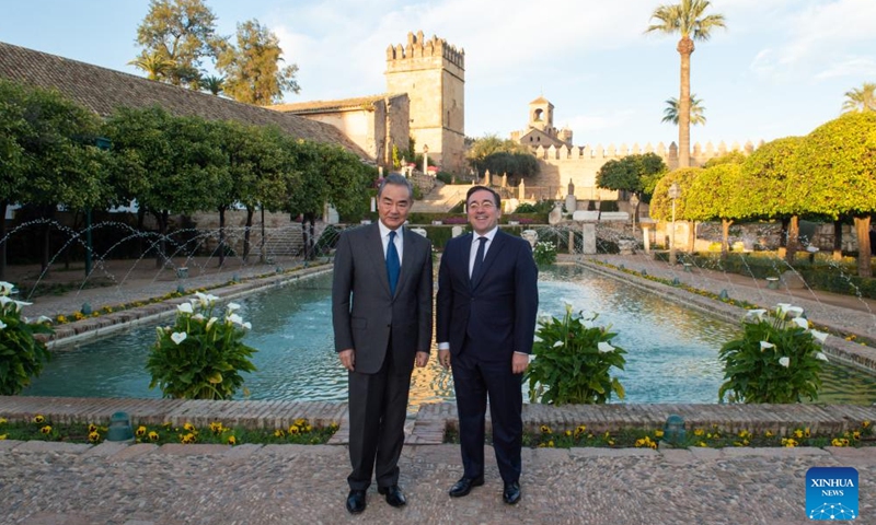 Chinese Foreign Minister Wang Yi, also a member of the Political Bureau of the Communist Party of China Central Committee, holds talks with Spanish Foreign Minister Jose Manuel Albares in Cordoba, Spain, Feb. 18, 2024. (Photo by Gustavo Valiente/Xinhua)