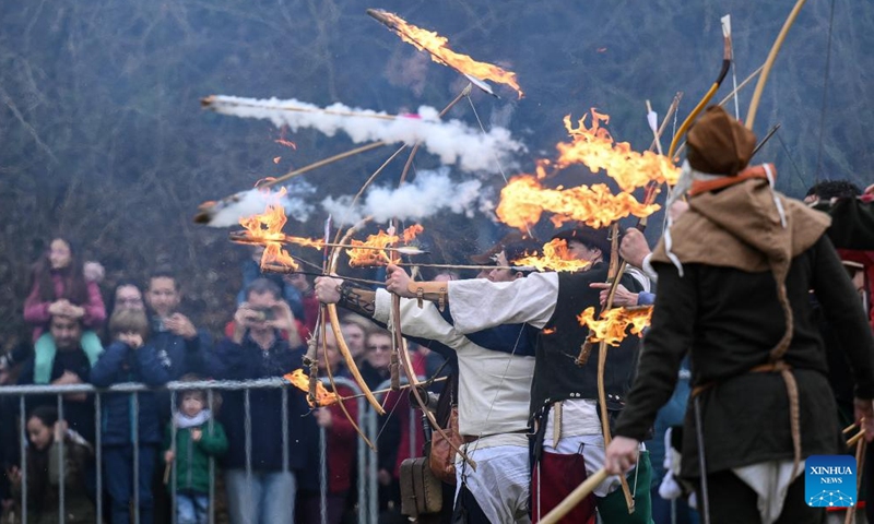 Actors re-enact a medieval battle in Samobor, Croatia, on March 3, 2024. The Battle of Samobor took place on March 1, 1441. (Davor Puklavec/PIXSELL/Handout via Xinhua)

