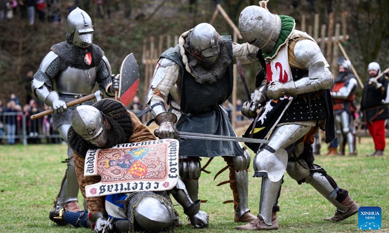 Actors re-enact a medieval battle in Samobor, Croatia, on March 3, 2024. The Battle of Samobor took place on March 1, 1441. (Davor Puklavec/PIXSELL/Handout via Xinhua)
