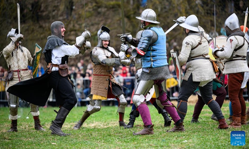 Actors re-enact a medieval battle in Samobor, Croatia, on March 3, 2024. The Battle of Samobor took place on March 1, 1441. (Davor Puklavec/PIXSELL/Handout via Xinhua)