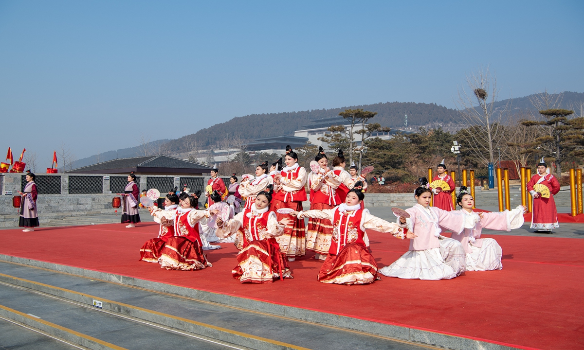People wearing traditional Chinese costume, or Hanfu, perform in Nishan Sacredland scenic spot in Qufu, East China's Shandong Province on February 10, 2024, the first day of the Chinese New Year. Photo: VCG