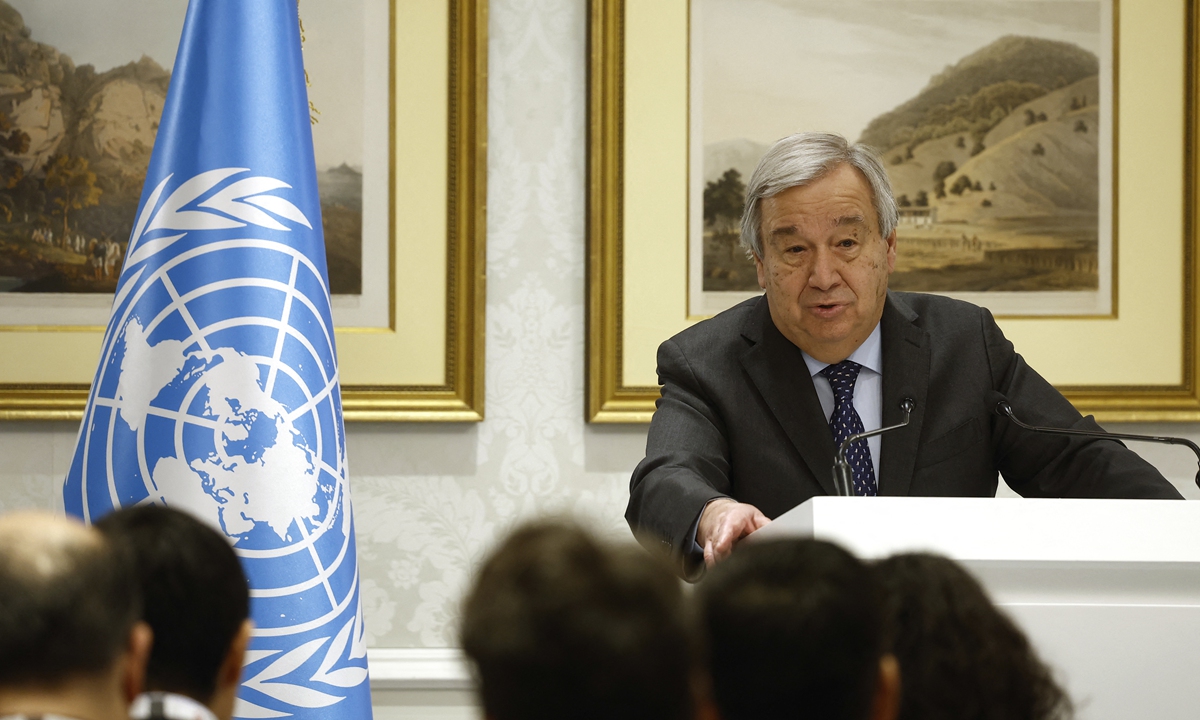 UN Secretary-General Antonio Guterres speaks during a press conference on the meeting with Special Envoys on Afghanistan in the Qatari capital Doha, on February 19, 2024. The two-day meeting, hosted by the UN secretary-general, was due to discuss increasing engagement with Afghanistan and a more coordinated response to the nation. Photo: AFP