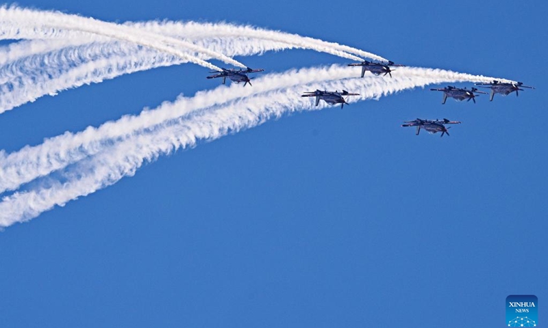 Royal Australian Air Force's aerobatic team Roulettes perform during the media preview of Singapore Airshow in Singapore, Feb. 18, 2024.(Photo: Xinhua)