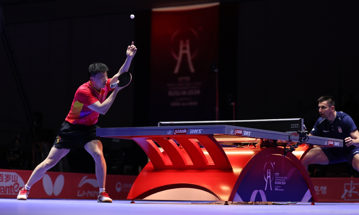 Chinese table tennis player Ma Long plays in the men's team match against Croatia at the ITTF World Team Table Tennis Championships Finals in Busan, South Korea, on February 19, 2024. Team China won 3-0. Photo: VCG