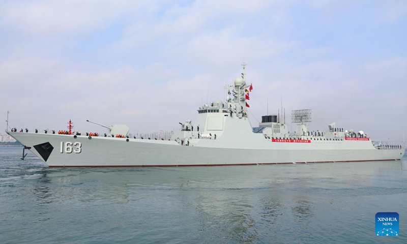 Guided-missile destroyer Jiaozuo of the 46th fleet of the Chinese People's Liberation Army Navy leaves a military port in Zhanjiang, south China's Guangdong Province, Feb. 21, 2024. The 46th fleet of the Chinese People's Liberation Army (PLA) Navy on Wednesday set sail from a military port in the coastal city of Zhanjiang in south China's Guangdong Province to take over an escort mission from the 45th naval fleet in the Gulf of Aden and the waters off Somalia.(Photo: Xinhua)