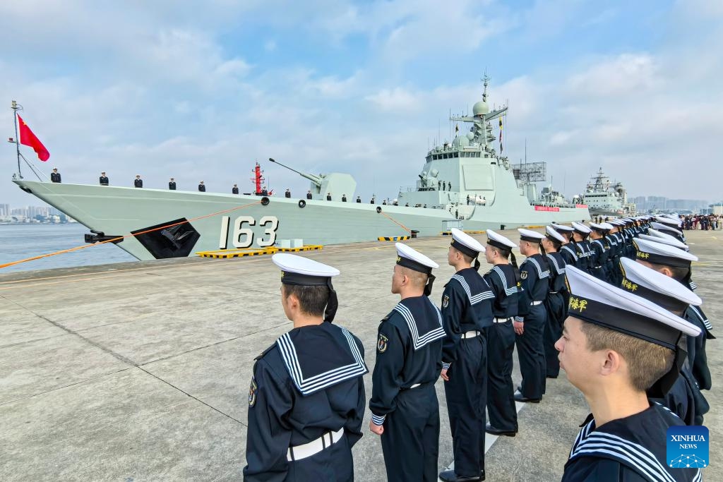 The 46th fleet of the Chinese People's Liberation Army Navy sets sail from a military port in Zhanjiang, south China's Guangdong Province, Feb. 21, 2024. The 46th fleet of the Chinese People's Liberation Army (PLA) Navy on Wednesday set sail from a military port in the coastal city of Zhanjiang in south China's Guangdong Province to take over an escort mission from the 45th naval fleet in the Gulf of Aden and the waters off Somalia.(Photo: Xinhua)