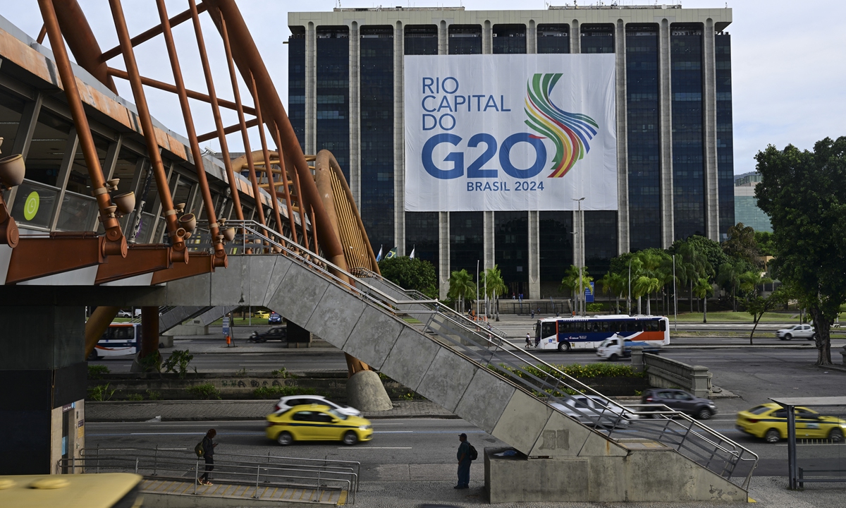 A G20 Brazil banner is displayed at the Rio de Janeiro city hall building in Rio de Janeiro, Brazil, on February 15, 2024. On February 21 and 22, the first ministerial meeting of the Sherpa Track will be held in Rio de Janeiro.Photo: AFP 