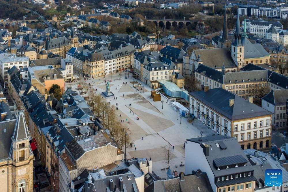 An aerial drone photo taken on Feb. 17, 2024 shows a view of Place d'Armes in Luxembourg.(Photo: Xinhua)