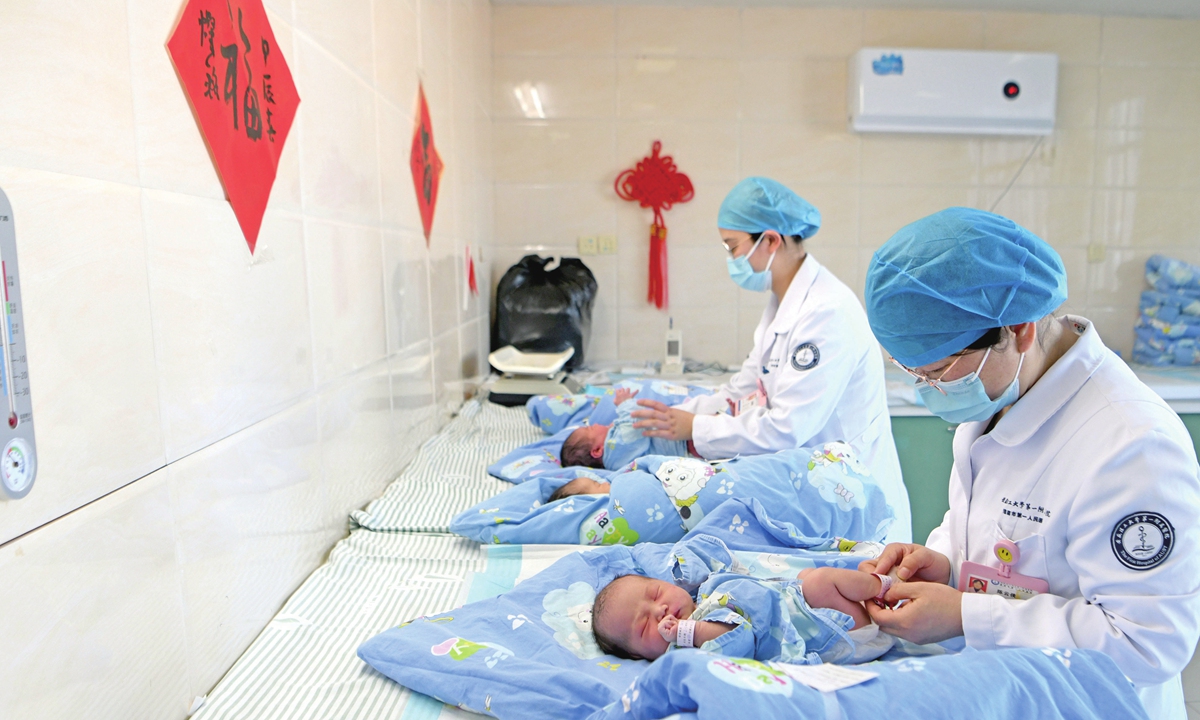 Nurses take care of dragon babies at the First Hospital of Anhui University of Science and Technology in Huainan, East China’s Anhui Province, on February 16, 2024, the first day of the Year of the Dragon. Photo: VCG