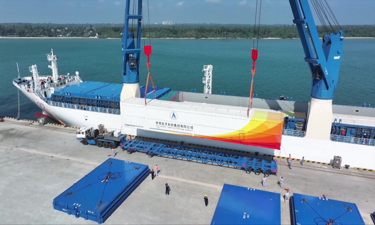 The Long March-8 Y3 carrier rocket, packed in a container, has arrived at Wenchang Space Launch Center in South China's Hainan Province, the China National Space Administration said on February 22, 2024. China's relay satellite Queqiao-2, which had been transported to the same launch site earlier this month, is scheduled for launch in the first half of 2024. Photo: VCG