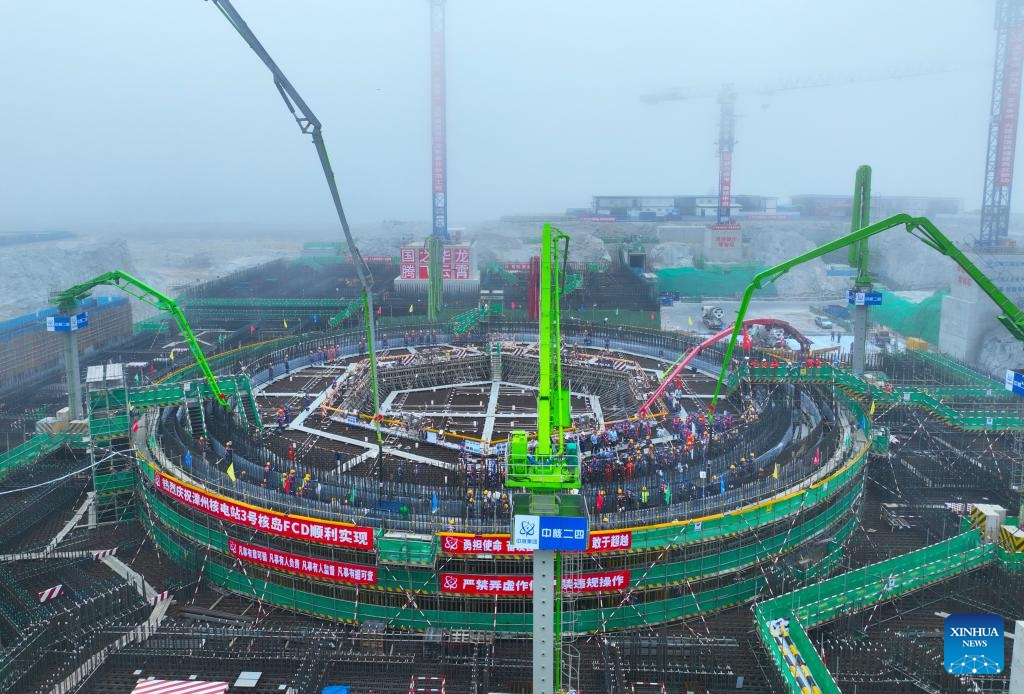 An aerial drone photo taken on Feb. 22, 2024 shows construction on the second phase of the Zhangzhou nuclear power project in Zhangzhou, southeast China's Fujian Province. China has begun construction on the second phase of the Zhangzhou nuclear power project using Hualong One reactors, domestically developed third-generation reactors, in the city of Zhangzhou, southeast China's Fujian Province.(Photo: Xinhua)