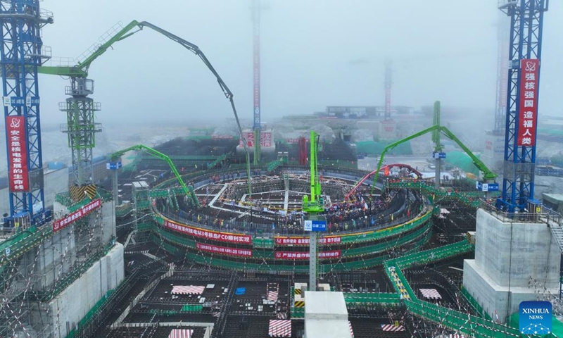 An aerial drone photo taken on Feb. 22, 2024 shows construction on the second phase of the Zhangzhou nuclear power project in Zhangzhou, southeast China's Fujian Province. China has begun construction on the second phase of the Zhangzhou nuclear power project using Hualong One reactors, domestically developed third-generation reactors, in the city of Zhangzhou, southeast China's Fujian Province.(Photo: Xinhua)