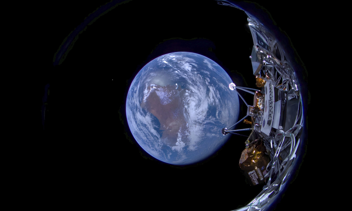 This image provided by Intuitive Machines shows its Odysseus lunar lander with the Earth in the background on Feb. 16, 2024. Photo: VCG
