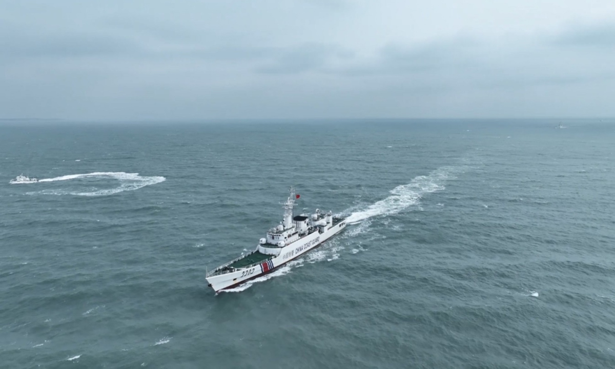 The Fujian Coast Guard organizes a flotilla and conducts a law enforcement patrol in waters near Kinmen on February 25, 2024. Photo: Courtesy of the China Coast Guard