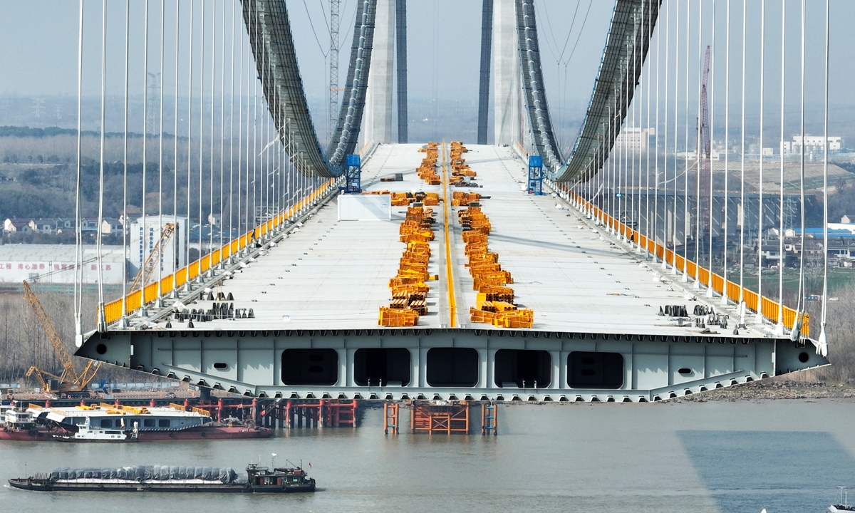 Construction continues on the Longtan Yangtze River Bridge in Nanjing, East China's Jiangsu Province, on February 27, 2024. The bridge is expected to open to traffic within the year. Photo: VCG