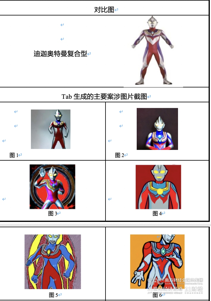 A comparison chart shows Ultraman Tiga and screenshots of the main case-related images produced by the defendant company. Photo: 21st Century Business Herald