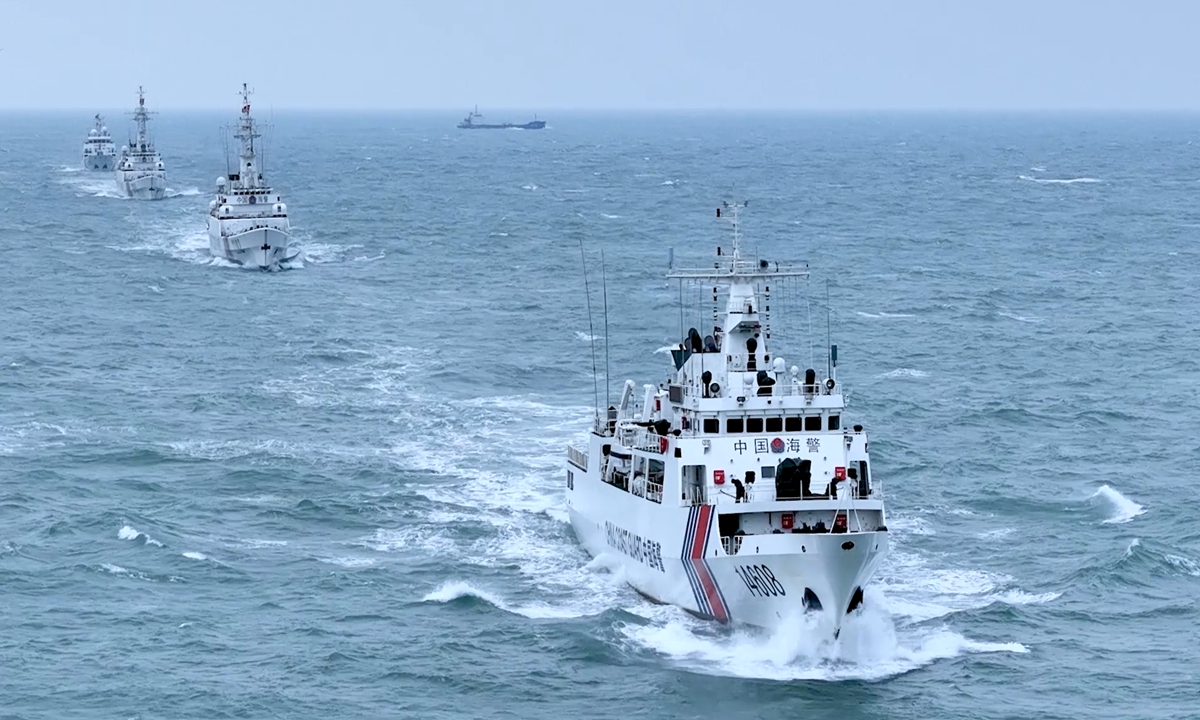 The coast guard of East China’s Fujian Province organizes a flotilla and conducts a law enforcement patrol in waters near Kinmen on February 25, 2024, the China Coast Guard said in a press release on the day. Photo: China Coast Guard 