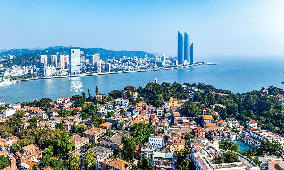 An aerial view of the coastal city Xiamen, East China's Fujian Province.Photo: VCG