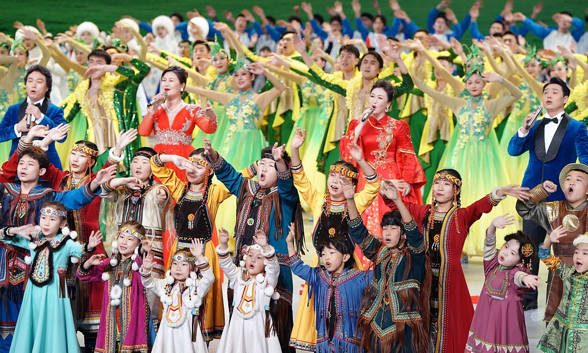 Performers dance and sing at the closing ceremony of the 14th National Winter Games in Hulunbuir, the Inner Mongolia Autonomous Region, on February 27, 2024. Photo: Courtesy of the organizing committee