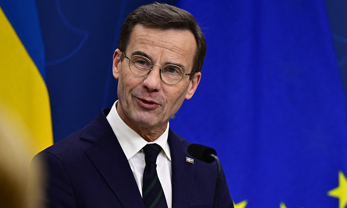 Sweden's Prime Minister Ulf Kristersson during a press conference at the government headquarters in Stockholm, Sweden, on Feb. 26, 2024, after Hungary's parliament on Monday voted yes to ratify Sweden's NATO accession.Photo: AFP 