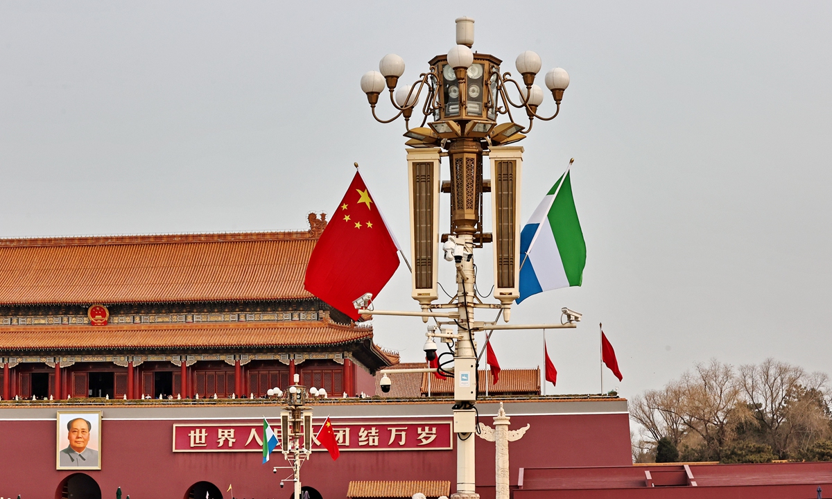 The national flags of China and Sierra Leone are displayed at Tiananmen Square in Beijing on February 27, 2024 to welcome the visit of President of Sierra Leone Julius Maada Bio. Photo: VCG