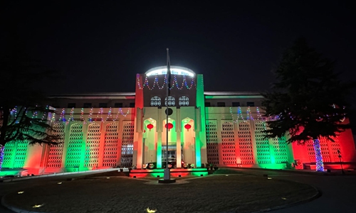 Green and red light Spring Festival decorations at the Pakistani Embassy in Beijing celebrate the friendship between Pakistan and China. Photo: Courtesy of the Pakistan Embassy in China