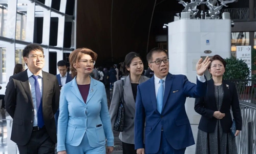Aida Balayeva (second from left), Minister of Culture and Information of the Republic of Kazakhstan, visits the National Centre for the Performing Arts (NCPA) in Beijing and takes a tour led by Wang Ning (second from right), Director of the NCPA, on February 25, 2024. Photo: Courtesy of Embassy of Kazakhstan in China 