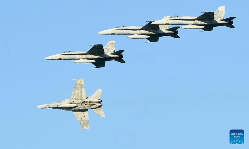 Jet fighters perform during a celebration of Kuwait's national and liberation days in Capital Governorate, Kuwait, Feb. 26, 2024. Kuwaitis celebrate their national and liberation days on Feb. 25 and 26 every year.(Photo: Xinhua)