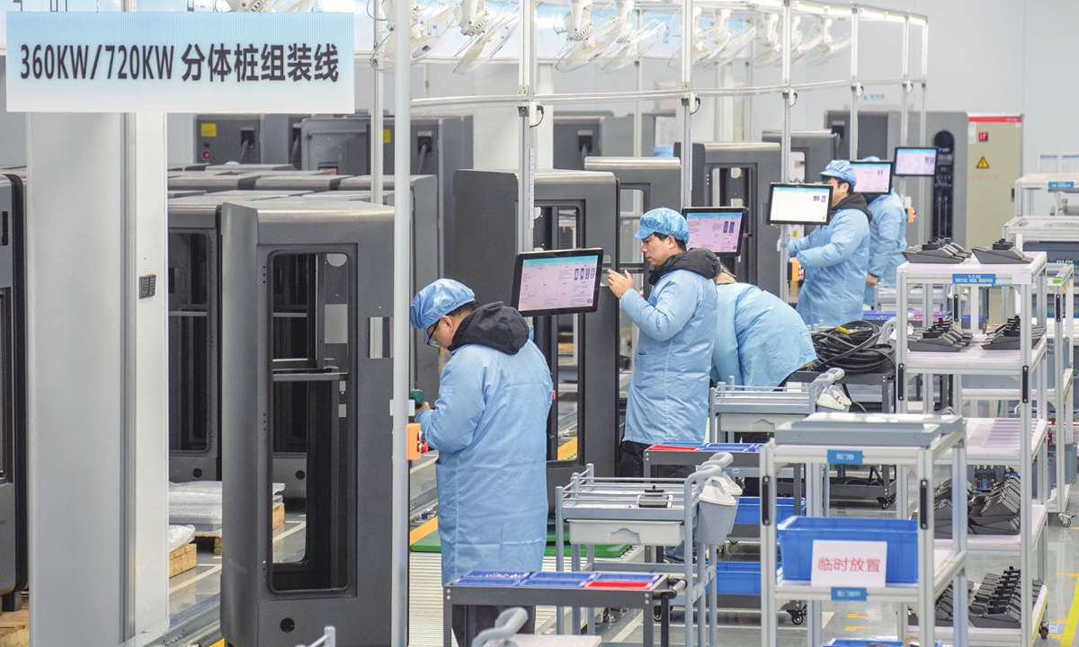 Technical workers assemble DC charging piles for electric vehicles in a factory in the Hefei Circular Economy Demonstration Park in Hefei, East China's Anhui Province, on February 28, 2024. Photo: VCG