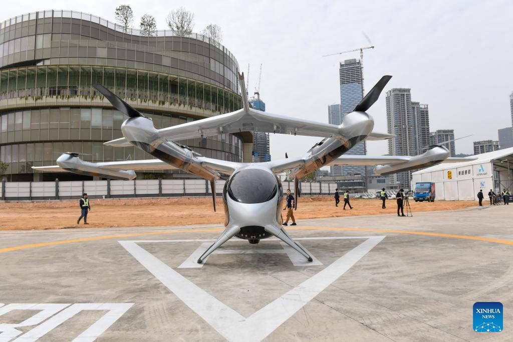 A 5-seat eVTOL (electric vertical takeoff and landing) aircraft is seen at Shekou Cruise Home port in Shenzhen, south China's Guangdong Province, Feb. 27, 2024. The eVTOL aircraft, developed by a high-tech company AutoFlight and named as Prosperity, completed its first inter-city electric air-taxi demonstration flight from Shekou Cruise Home port in Shenzhen to Jiuzhou Port in Zhuhai.(Photo: Xinhua)