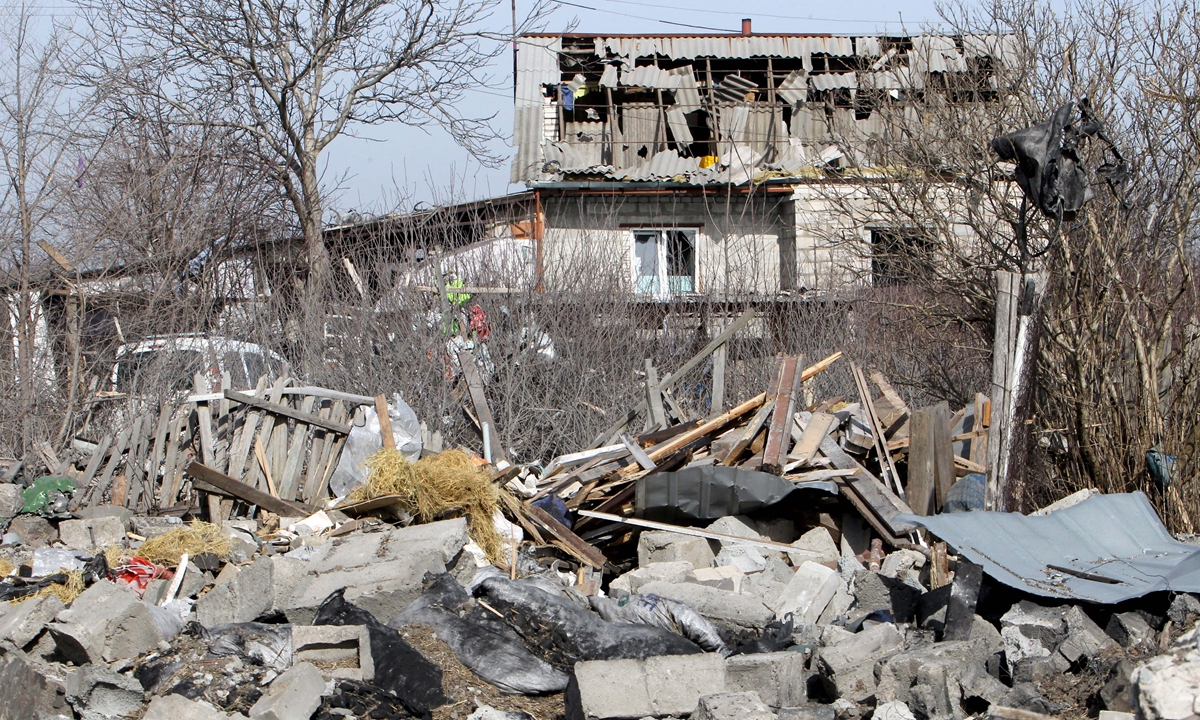 A building is destroyed during a missile attack in Dnipro, Ukraine, on February 26, 2024. Photo: VCG 