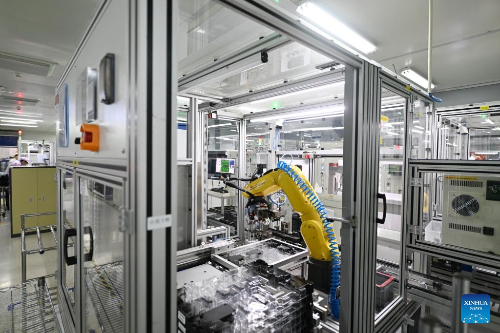 This photo taken on Feb. 26, 2024 shows an automated production line at the Tianjin factory of Beijing Jingwei Hirain Technologies Co., Inc. in Tianjin, north China. Since the beginning of this year, the Tianjin factory of Beijing Jingwei Hirain Technologies Co., Inc., located in the Xiqing economic and technological development zone in Tianjin, has been receiving continuous orders. The factory resumed work ahead of schedule on the fifth day of the Chinese New Year.(Photo: Xinhua)