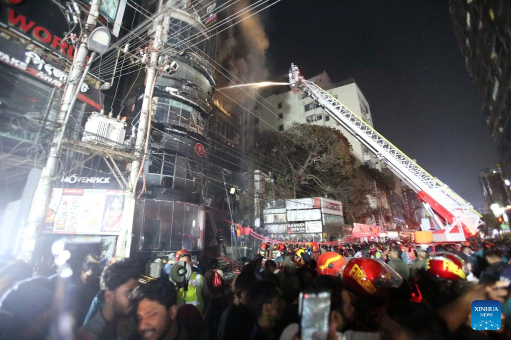 Firefighters battle a fire raging on a building in Dhaka, Bangladesh, on Feb. 29, 2024. At least 43 people were killed Thursday night after a devastating fire tore through a high-rise building in the Bangladeshi capital of Dhaka.(Photo: Xinhua)