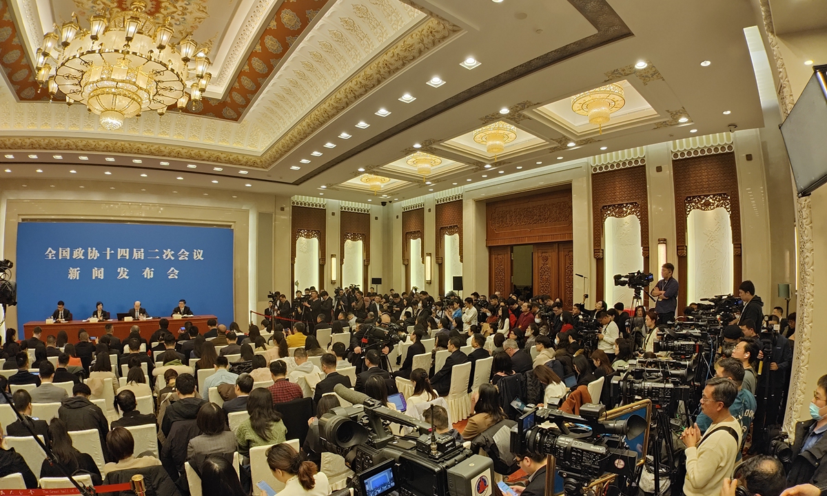 Journalists attend a press conference for the second session of the 14th National Committee of the Chinese People's Political Consultative Conference (CPPCC) at the Great Hall of the People in Beijing on March 3, 2024. Photo: VCG